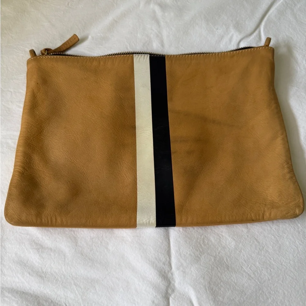 Clare V Tan Leather Flat Clutch (with Black and White Stripe) with tabs - Picture 2 of 6